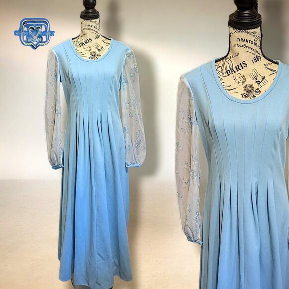 Vintage 70s Retro Blue Maxi Dress large - Picture 1 of 8